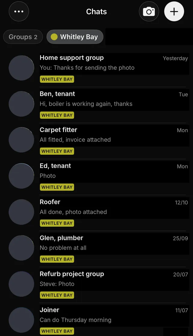 A WhatsApp chat list where each contact is tagged with an area label, Whitley Bay, with a roofer, plumber, joiner, carpet fitter and tenants listed.